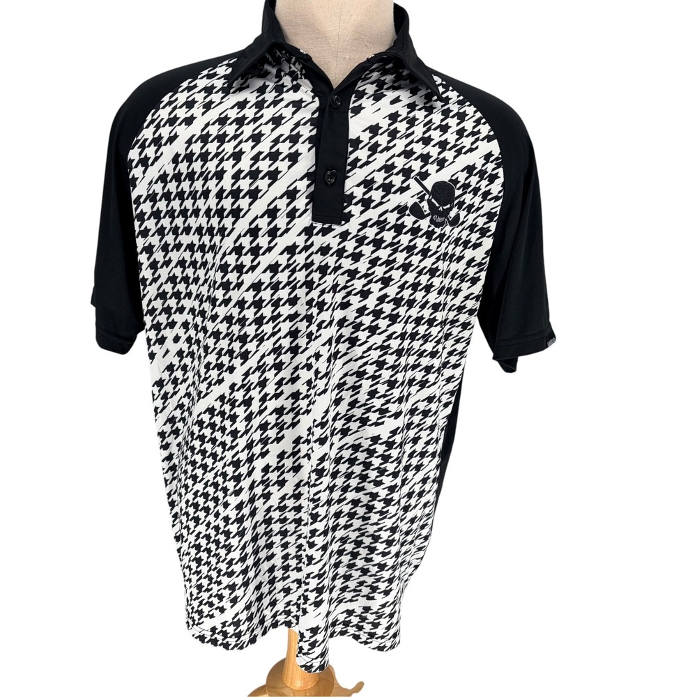 Tattoo Golf Polo Shirt XL Black White Houndstooth Skull Cross-Clubs Performance